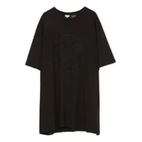 Embroidered Smiley Pattern Loose Short Sleeve Unisex Black S616341X20-1100