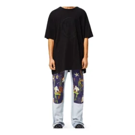 Embroidered Smiley Pattern Loose Short Sleeve Unisex Black S616341X20-1100