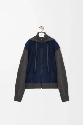 Hybrid Zip-Up Hoodie in Suede Goatskin and Wool Blend
