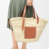 Large Classic Basket in Palm Leaf and Calfskin