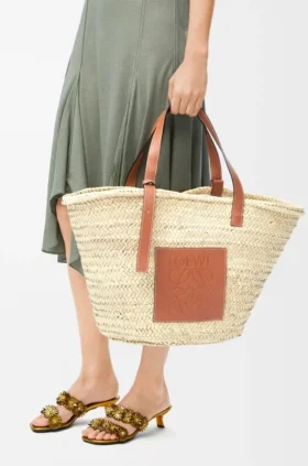 Large Classic Basket in Palm Leaf and Calfskin