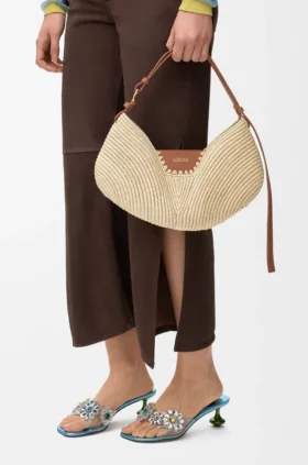 Medium Loewe Swing Bag in Raffia and Calfskin