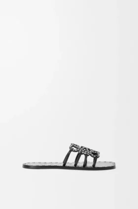 Petal Anagram Slide in Vegetable-Tanned Calfskin and Metallic Studs