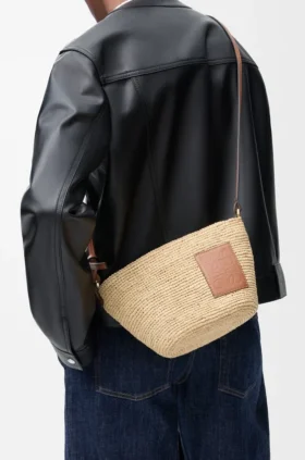 Slit Pochette Bag in Raffia and Calfskin