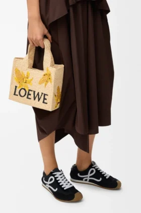 Small Loewe Font Tote in Raffia
