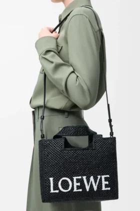 Small Loewe Font Tote in Raffia