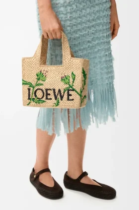 Small Loewe Font Tote in Raffia