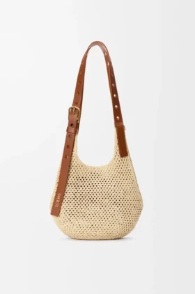 Small Punch Hole Hobo in Raffia and Calfskin