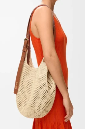 Small Punch Hole Hobo in Raffia and Calfskin