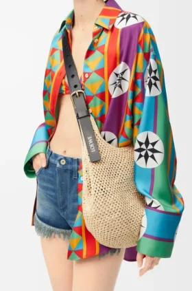 Small Punch Hole Hobo in Raffia and Calfskin