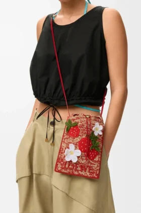 Strawberry Drawstring Pocket in Classic Calfskin and Raffia